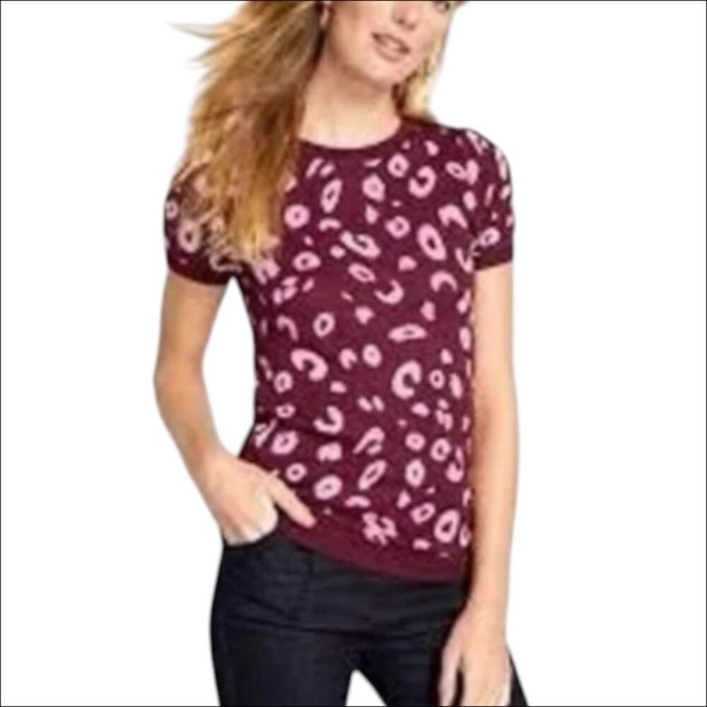 ModCloth Burgundy & Pink Leopard Print Short Sleeve Charter School Sweater XS